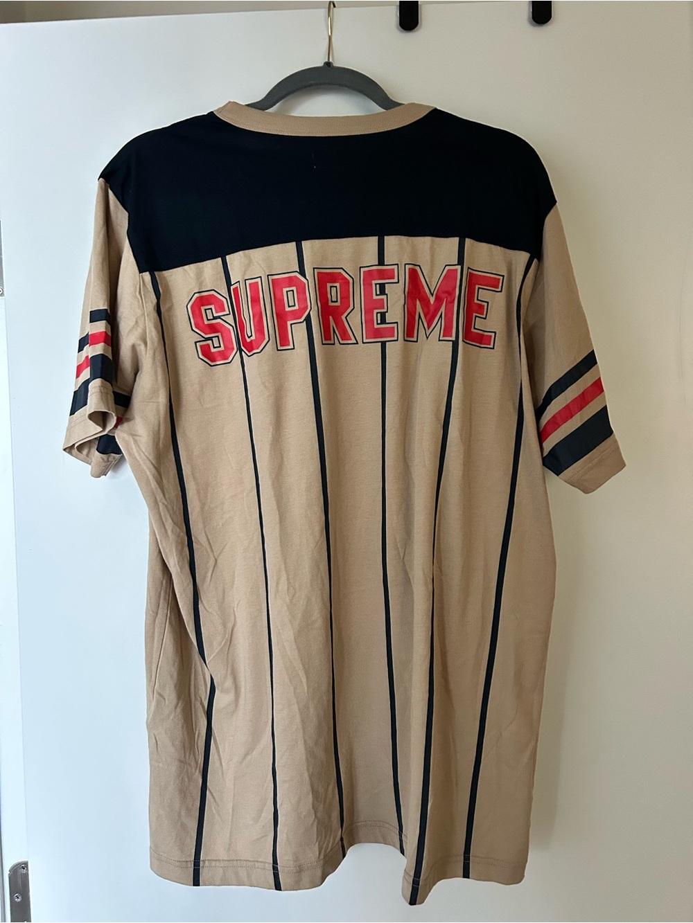 Supreme Beige and Black Pinstripe Short-Sleeve Tee with Red Logo